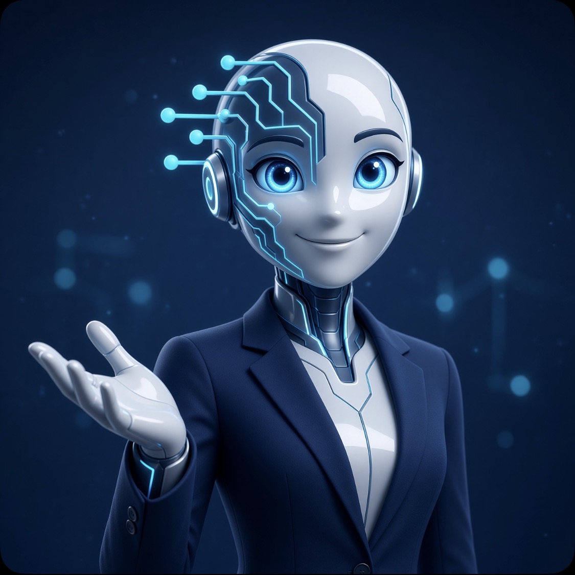 Robot mascot in a navy suit, one hand extended.